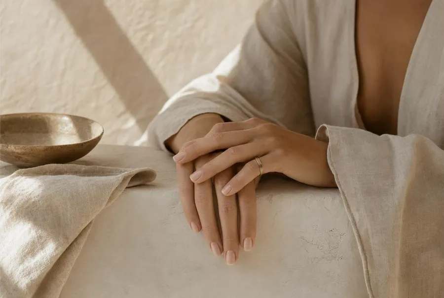 Hands at rest on a table in the clinic's warm light