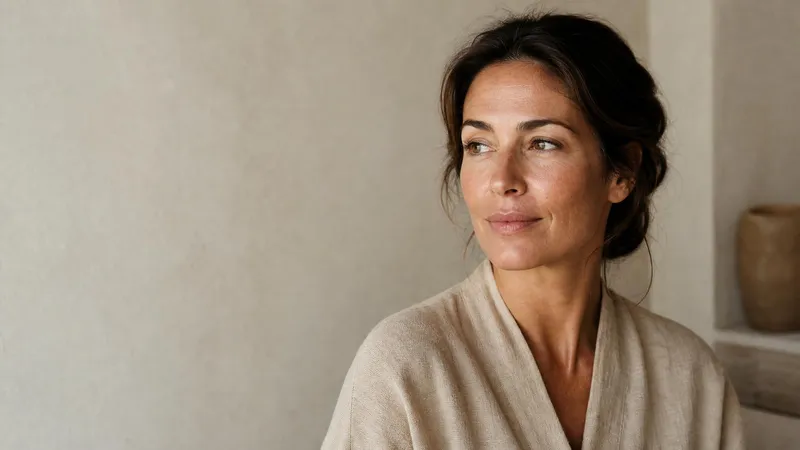 A woman with dark hair in a linen robe, looking to one side in soft light