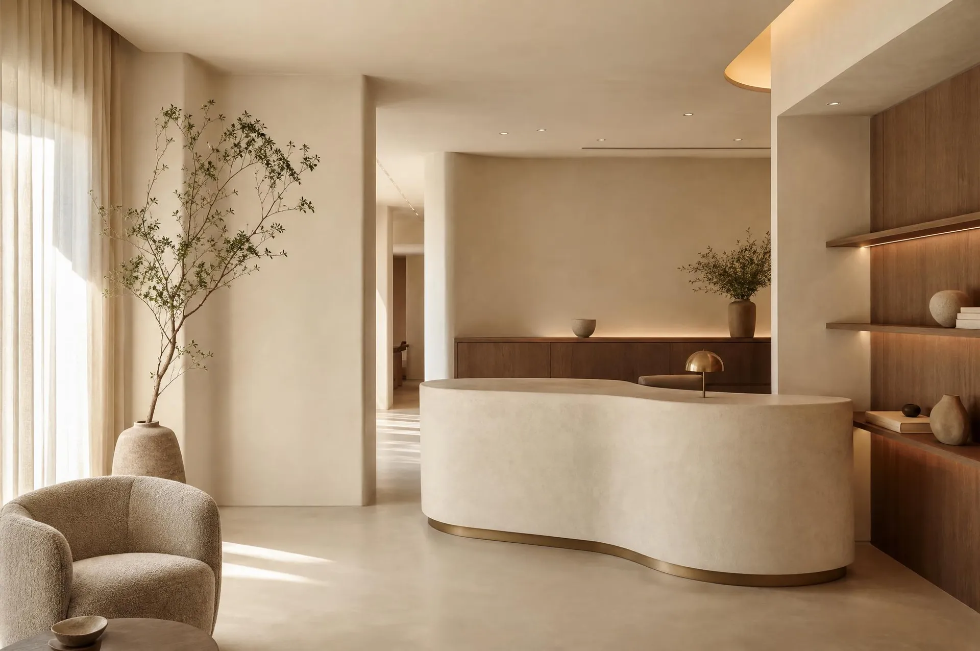 A calm reception and waiting area in warm neutral tones