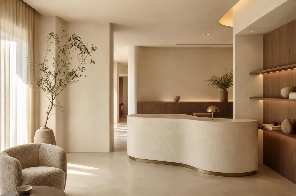 A calm reception and waiting area in warm neutral tones